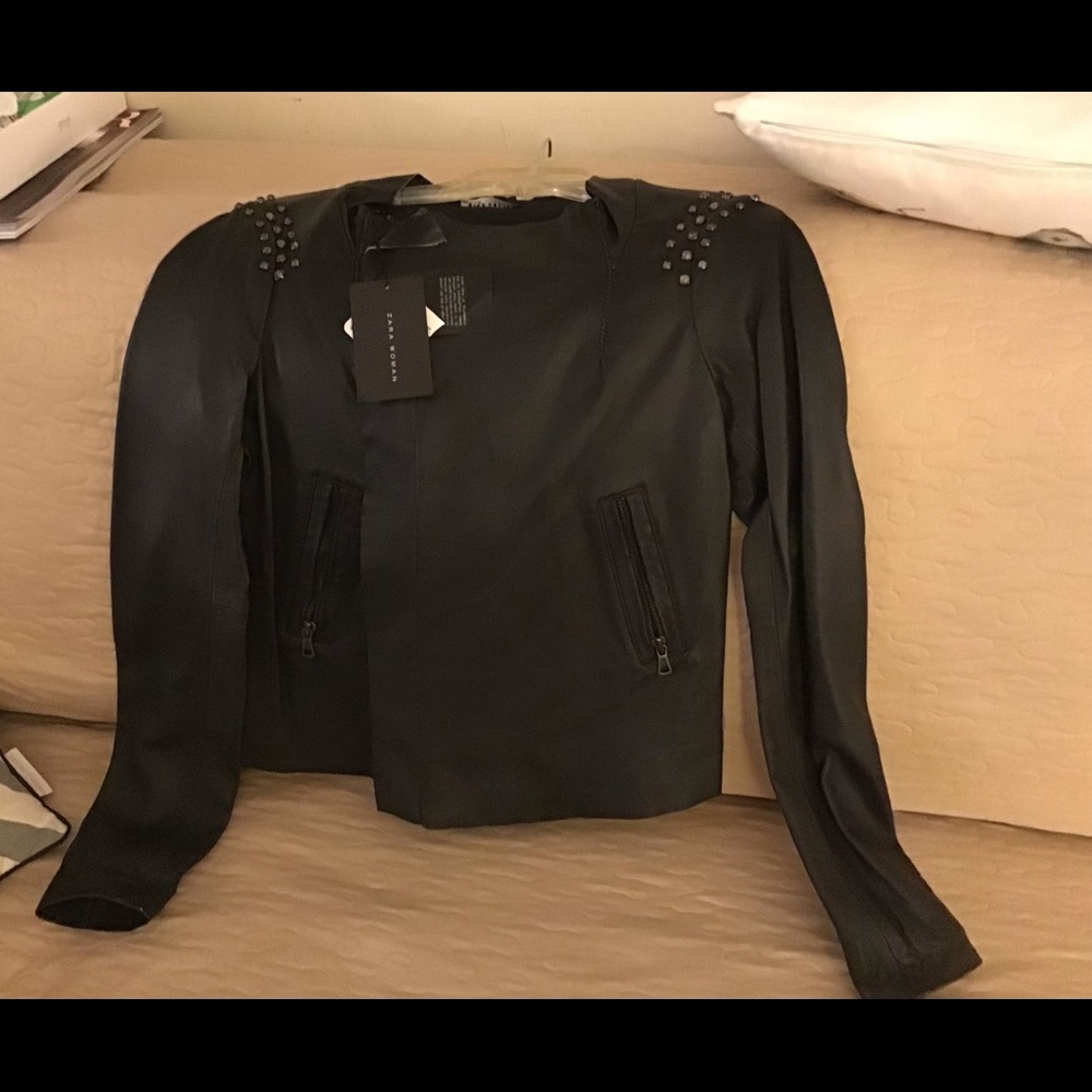 NWT ZARA Black Sheep Skin Studded Biker/Jacket.